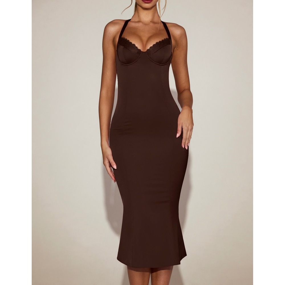 Oh Polly Chocolate Brown Underwire Lace Halter Mermaid Midi Dress US 6 New - Picture 1 of 10